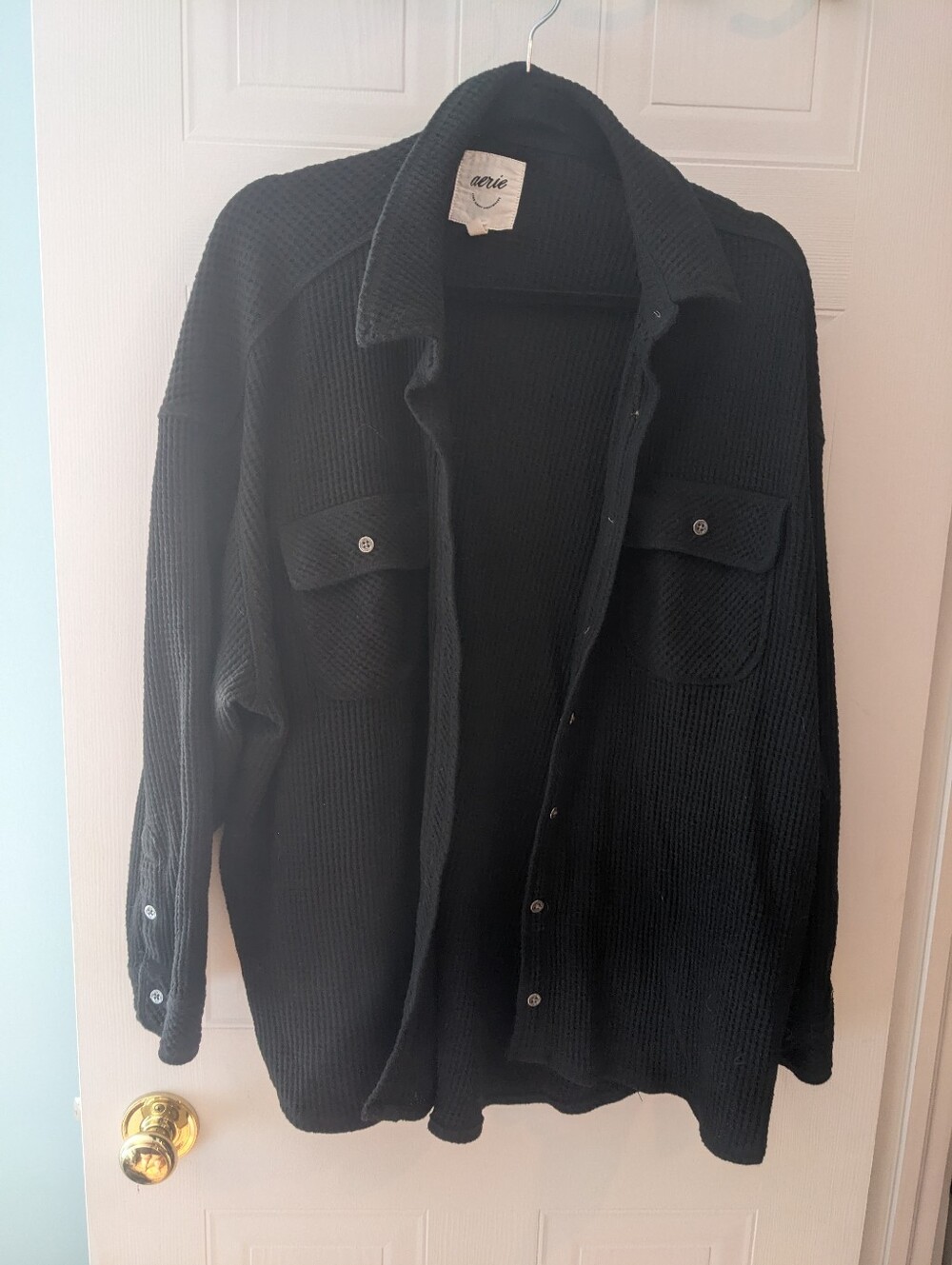 aerie Black Waffle-Knit Button Front Shacket
